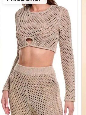 Solid & Striped The Gretchen Open Knit Cropped Cover Up Sweater Gold Tan size S